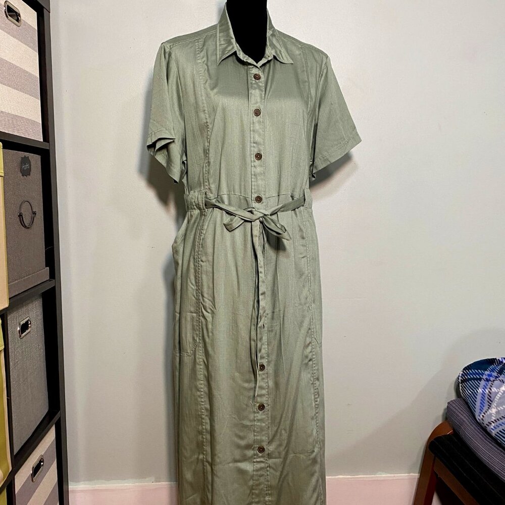 Lands End Womens XL Tencel Button-Front Shirt Dress With Belt